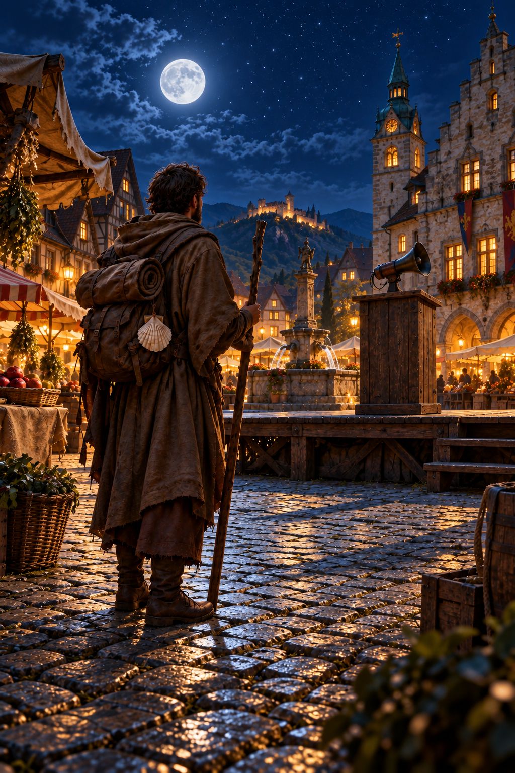 The pilgrim on a moonlit market square with half-timbered houses, before an empty wooden platform with a megaphone
